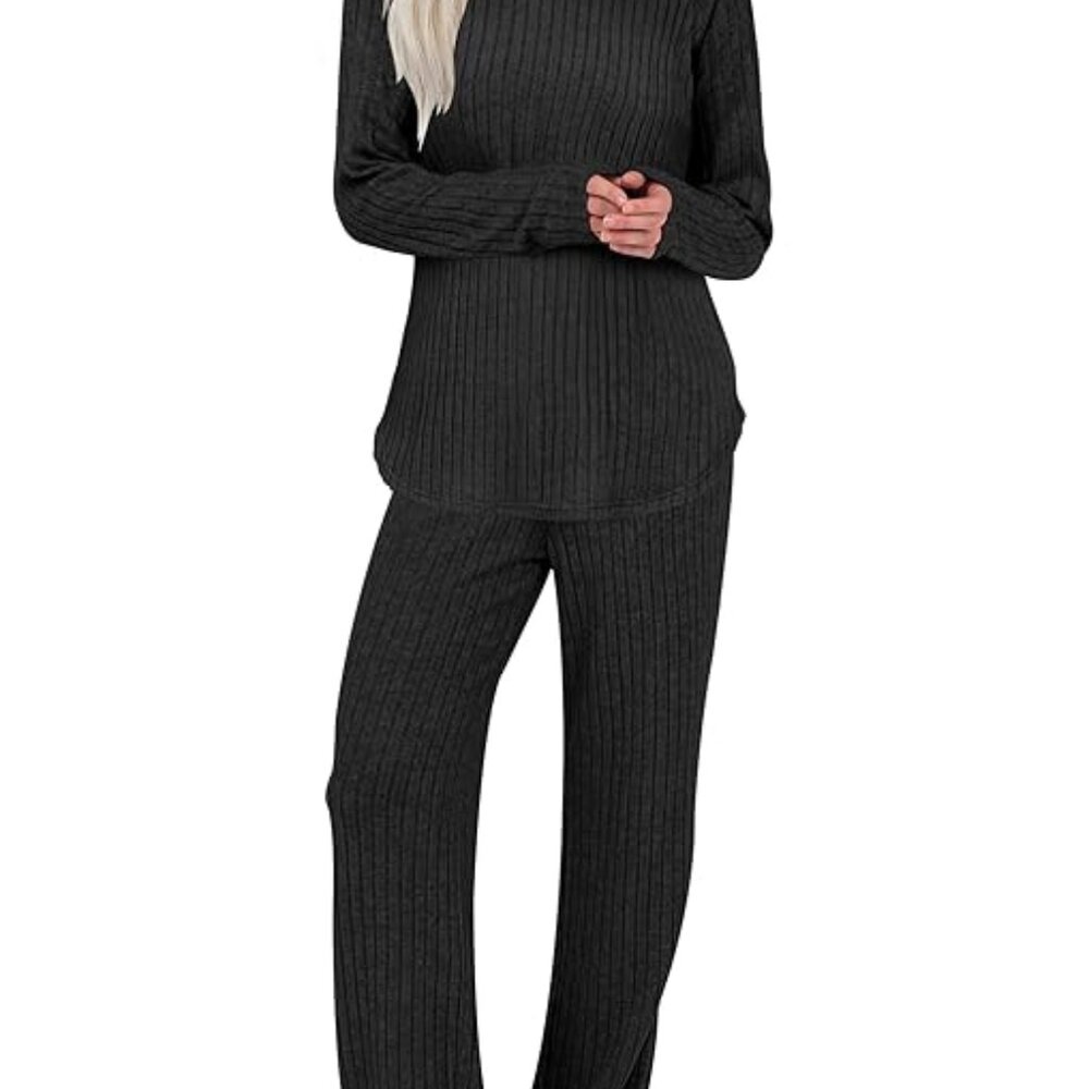 ANRABESS 2 Piece Lounge Pajama Set Hoodie Ribbed Knit Long Sleeve